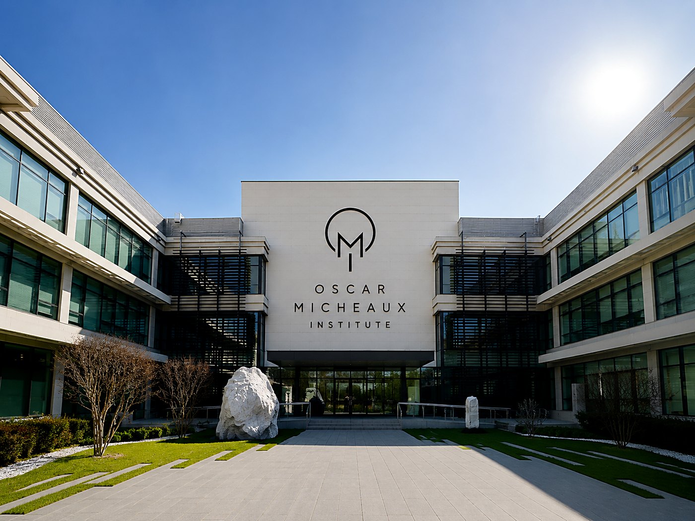 Concept rendering of the Oscar Micheaux Institute building, the M I monogram and wordmark on its facade above the entrance courtyard.